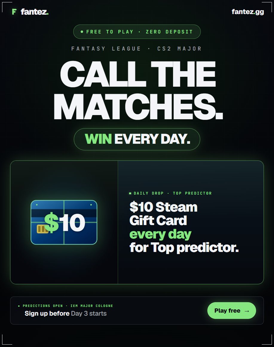 fantezgg's tweet photo. You've been calling every CS2 match from your couch all tournament for a hopeless pickem.

Now there's a leaderboard for it.

Top predictor each day at IEM Cologne wins a $10 Steam card. Free to play, zero deposit.

Lock your picks before Day 3, who you got? 👇 https://t.co/iNbvhfGydl