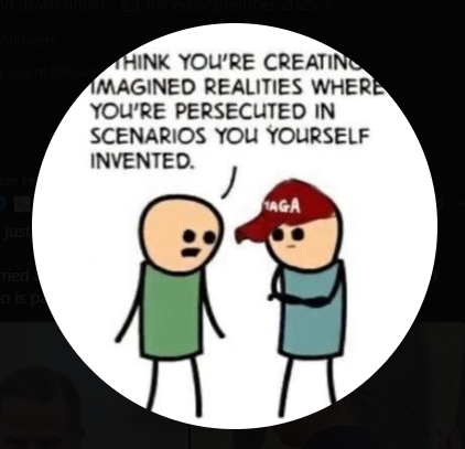 crewskyle's tweet photo. @dailysarcasm20 @StateDept whats ironic about your pfp is that you are literally creating an imagined reality where you align someone you dislike to creating a narrative where they feel as if they are persecuted

too fucking funny, are you a boomer by chance? https://t.co/HHWC5aCFDT