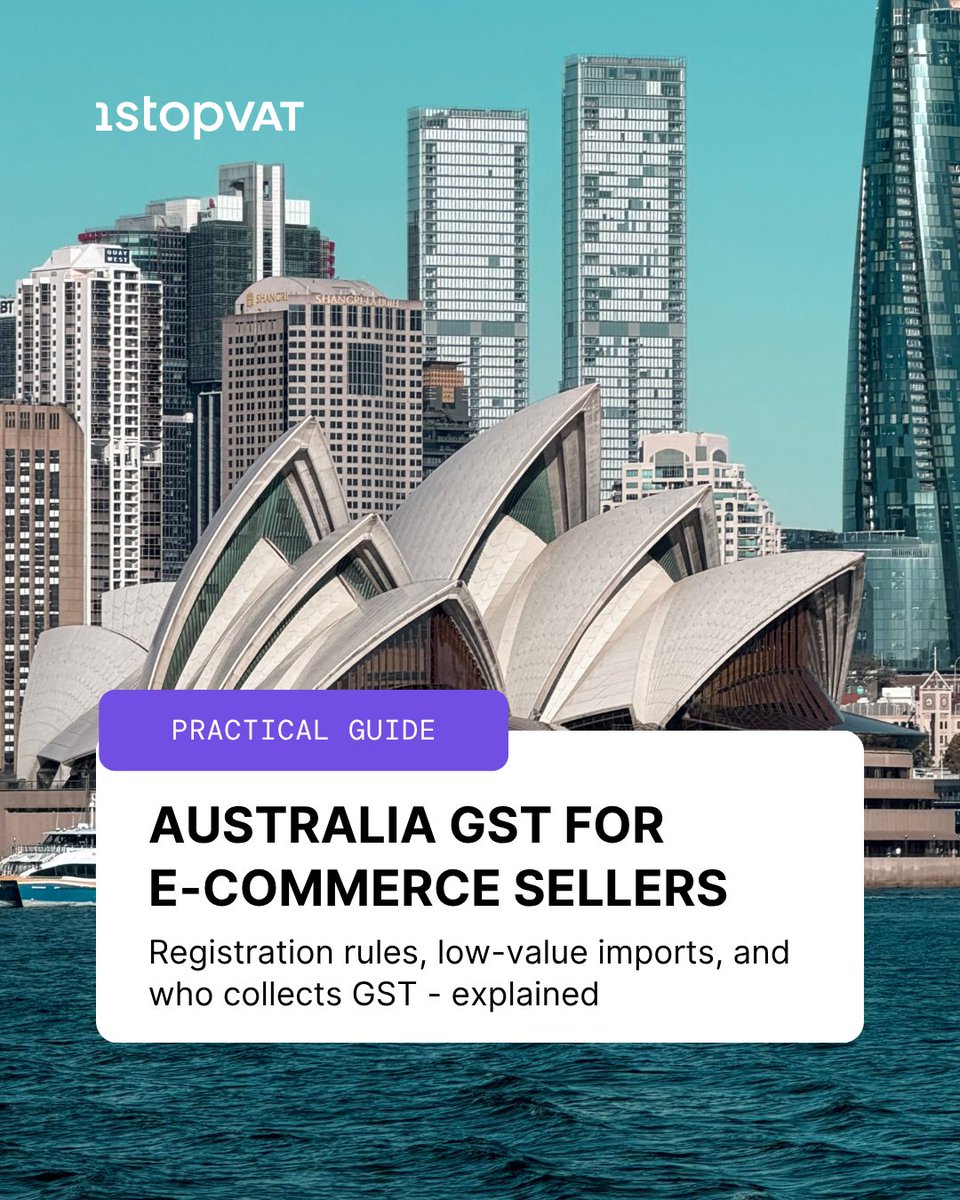 1stopvat's tweet photo. Australia has its own GST framework for cross-border e-commerce - and it works differently from what most overseas sellers expect.

A few things worth knowing:

The registration threshold is AUD 75,000 in annual Australia-linked sales. Cross it and GST registration is mandatory regardless of where your business is based.

For low-value goods - anything AUD 1,000 or under - GST is collected at the point of purchase, not at import. That shifts the responsibility to the seller or the platform, not the customer.

And who actually collects GST - you, the marketplace, or the importer — depends on how your goods enter the country and through which channel they're sold.

Selling into Australia or planning to? This guide covers the full framework.

🔗 https://t.co/8Yq5XUbl4d

#GST #Ecommerce #VATCompliance