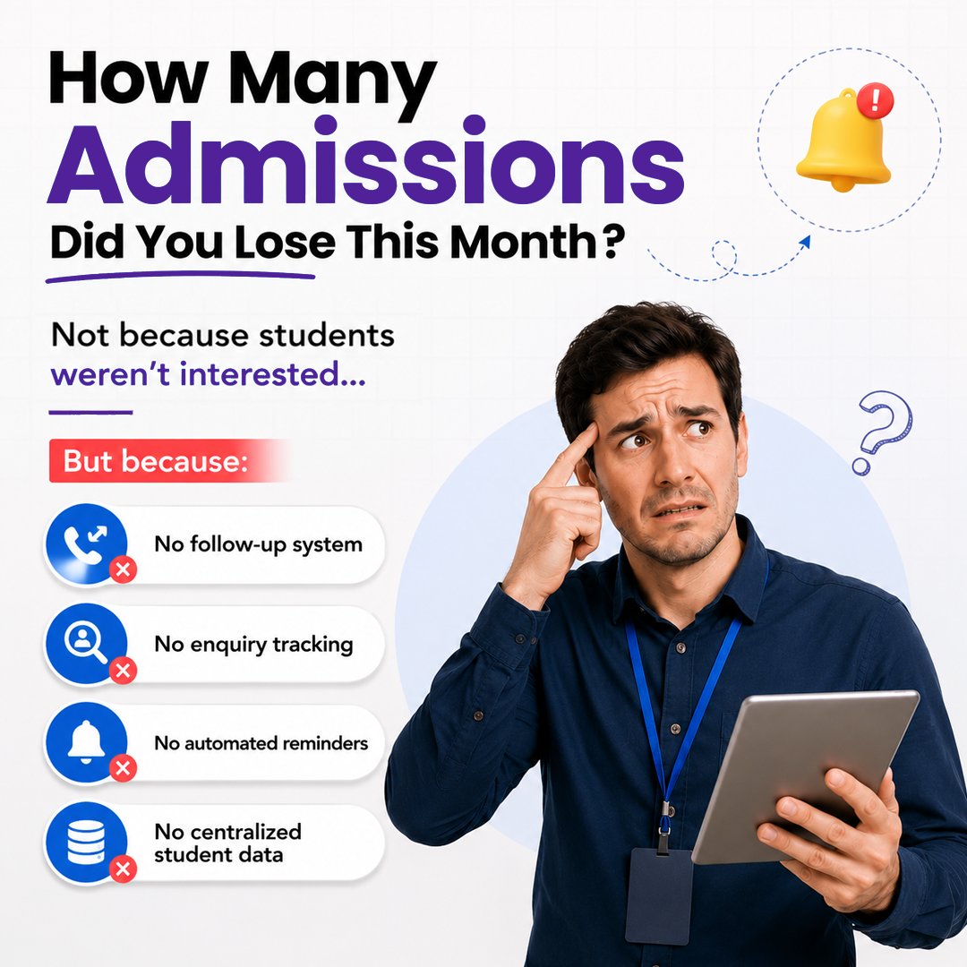 Tssgtech's tweet photo. Still managing admissions and student records manually?
Missed follow-ups = Missed admissions.
TSSGTech Institute CRM helps you:
✅ Track enquiries
✅ Automate follow-ups
✅ Manage fees &amp; attendance
✅ Generate reports instantly

#CRM#InstituteManagement #AdmissionManagement https://t.co/sMyglze4VH