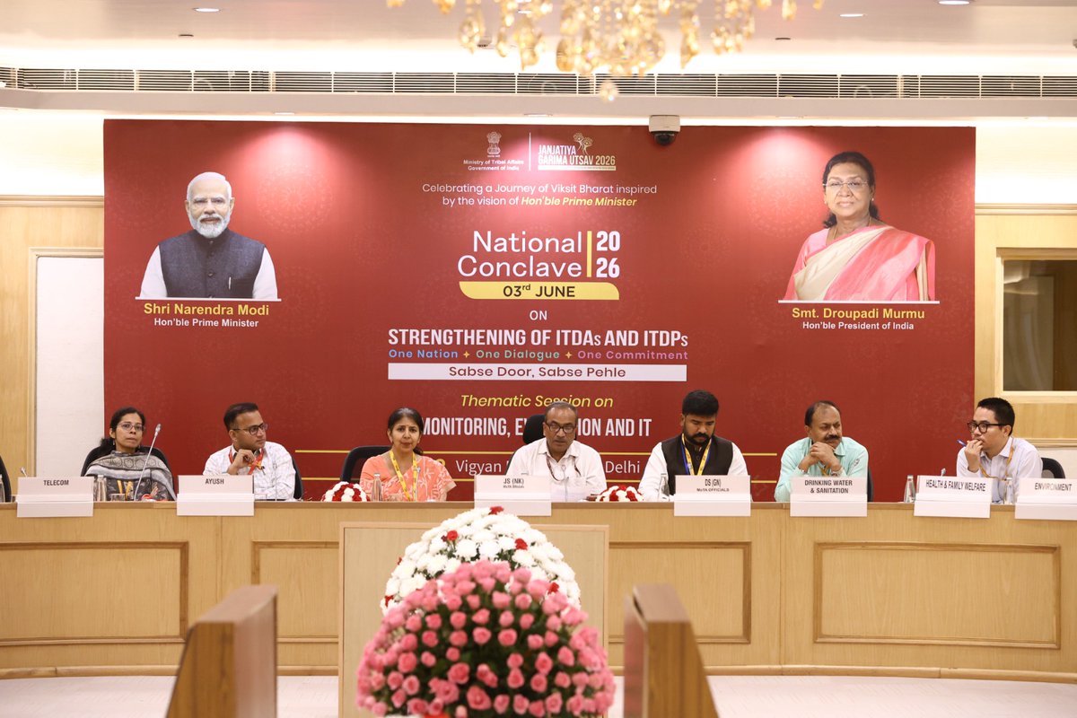 TribalAffairsIn's tweet photo. The Breakout Session on Monitoring, Evaluation & IT at the National Conclave on Strengthening ITDAs/ITDPs focused on leveraging technology, data-driven governance and robust monitoring systems to enhance the effectiveness of tribal development programmes.

Participants deliberated on challenges such as fragmented data systems, connectivity gaps in remote tribal areas, limited monitoring capacity, outdated beneficiary databases and the absence of integrated MIS platforms. The session showcased innovative practices including real-time scheme monitoring, geo-tagged tracking, GIS-based mapping, centralized dashboards, digital grievance redressal systems and community-supported data collection models. (1/2)

#JanjatiyaGarimaUtsav #ITDA #ITDP 
@narendramodi @PMOIndia @rashtrapatibhvn @jualoram @Dduikey
