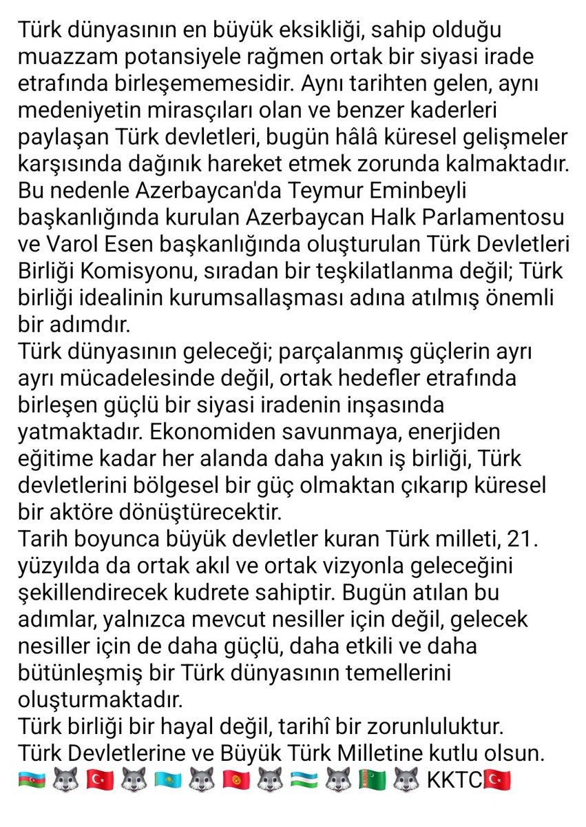 TuranPartiResmi's tweet photo. Azerbaycan'da Teymur Eminbeyli başkanlığında kurulan Azerbaycan Halk Parlamentosu ve Varol Esen başkanlığında oluşturulan Türk Devletleri Birliği Komisyonu, sıradan bir teşkilatlanma değil; Türk birliği idealinin kurumsallaşması adına atılmış önemli bir adımdır. https://t.co/wJd0vy7UD7