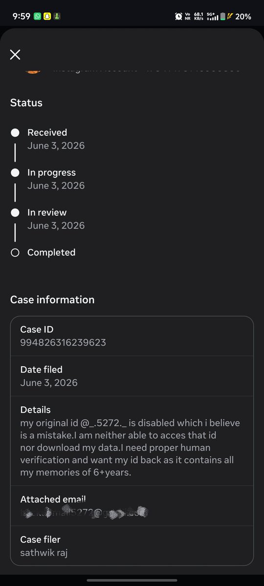 _5272__'s tweet photo. @instagram can you guys update me on my case id.Your help section does not work.Neither was i able to connect to a agent. it was in review till yesterday and all of a sudden it is reverted back to progress.
@finkd @Meta @AIatMeta 
#instagramsuspensionwave https://t.co/mWyDXESmxy