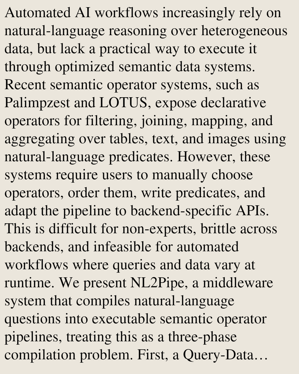 UFCS's tweet photo. Bridge the Last-Mile Gap to Semantic Analytics: Compiling Natural-Language Queries into Semantic Operator Pipelines

Wenkai Dong, Ruyu Li, Sairam Gurajada, Yifan Wang
https://t.co/Pqln1TAlxi [𝚌𝚜.𝙳𝙱]
💬Code: https://t.co/nc6wibzrye https://t.co/dWTuVMEOSS