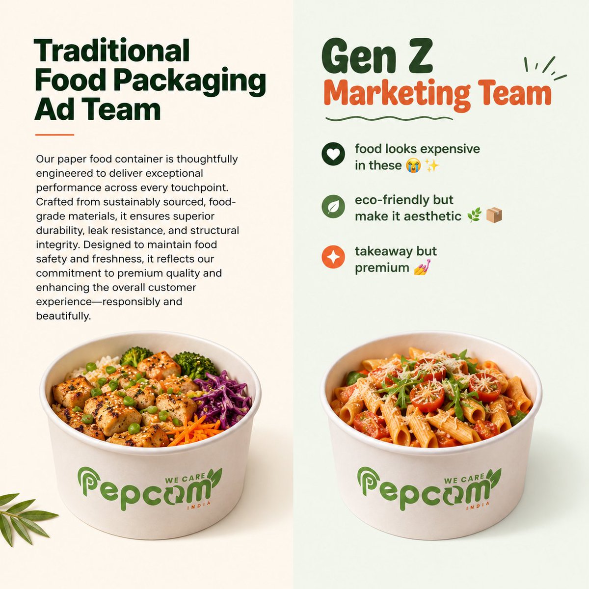 PepcomIND's tweet photo. Both are right. That's why Pepcom makes paper takeaway containers that work for EVERY kind of brand story.

200+ brands. 17M+ plastic containers replaced. 4.9⭐ Google rating.

#EcoPackaging #FoodPackagingIndia #PaperContainers #GenZMarketing #SustainableFood #PlasticFreeIndia https://t.co/PcaR2rMIod