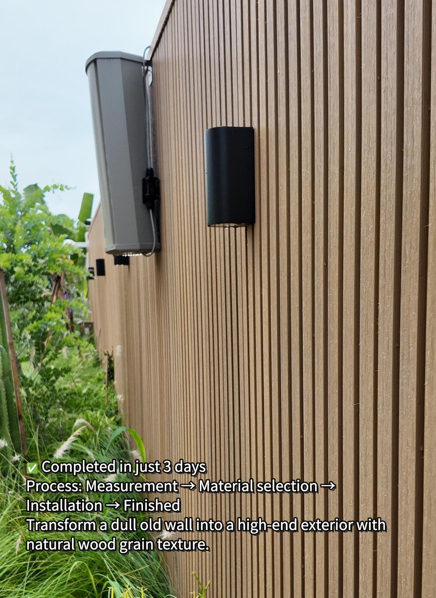 tech_woodn's tweet photo. Old exterior wall renovation does not have to mean demolition, dust and weeks of work. TECHWOODN WPC wall panels can overlay existing walls, with a standardized process from measurement to installation and a natural wood-grain finish.

#WPC #ExteriorCladding https://t.co/KAnhj2yuZz