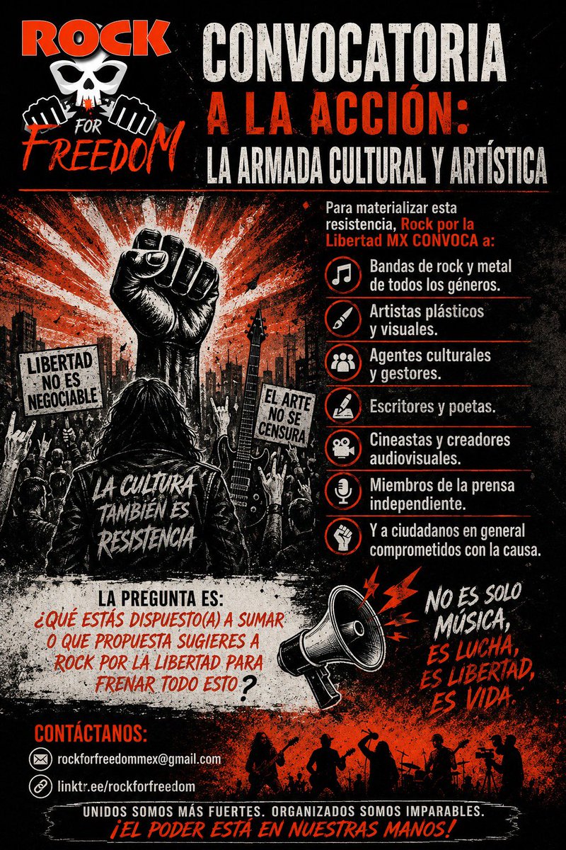 Rock4FreedomMX's tweet photo. ¿Qué estás dispuesto(a) a sumar o que propuesta sugieres a Rock Por la Libertad para frenar todo esto? #manifiesto #rock #heavymetal @MandoKalani @regleinam @Nina_Mahsati @tankers_oficial @rubengluengas @pastordc3110 @diariovallarta https://t.co/XK3aX0iZqU