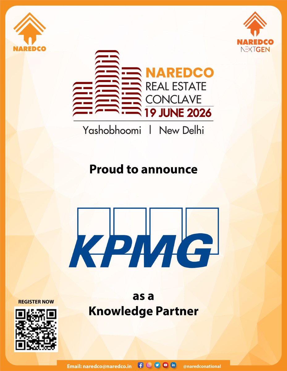NaredcoNational's tweet photo. Knowledge that builds stronger communities. Insights that shape the future. We are proud to announce KPMG as the Knowledge Partner of the NAREDCO Real Estate Conclave 2026.
📅19 June 2026
📍Yashobhoomi, New Delhi
#NaredcoConclave2026 #KPMG #KnowledgePartner #RealEstateConclave https://t.co/AnFqbYcA5e