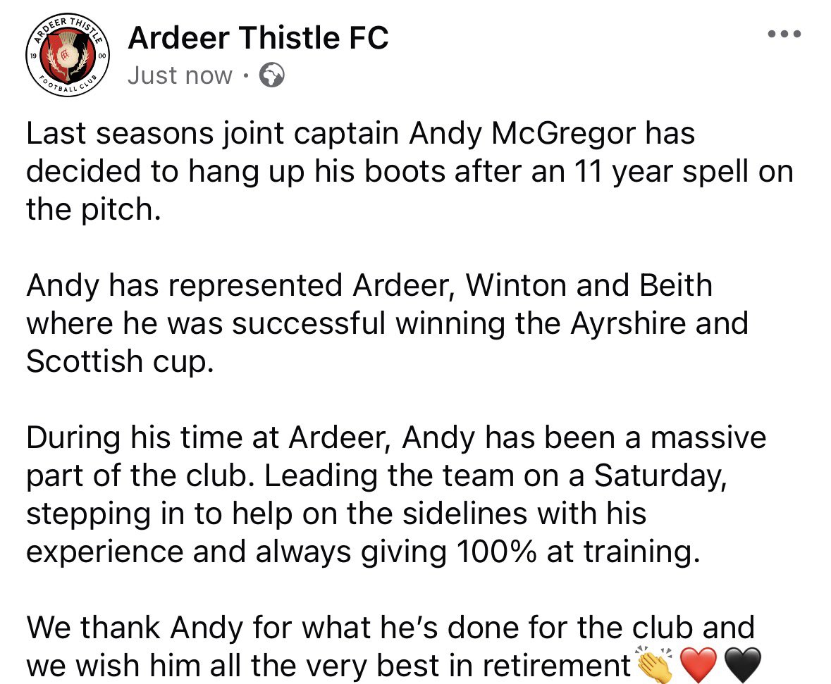 ArdeerThistleFC's tweet photo. Andy McGregor - retiring. https://t.co/SMRsntGjwU