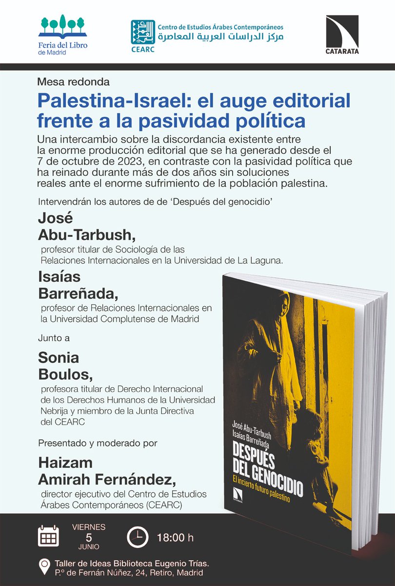 aambros's tweet photo. 🚨 ¡Nos vemos mañana en @FLMadrid!📚

Organizamos una mesa redonda sobre el conflicto entre Palestina e Israel y el impacto que está teniendo en el sector editorial a raíz del 7-O. 

🗓️Viernes 5/06 | 18:00h
📍Biblioteca Eugenio Trías

¡Os espero! https://t.co/abVMz89WX7