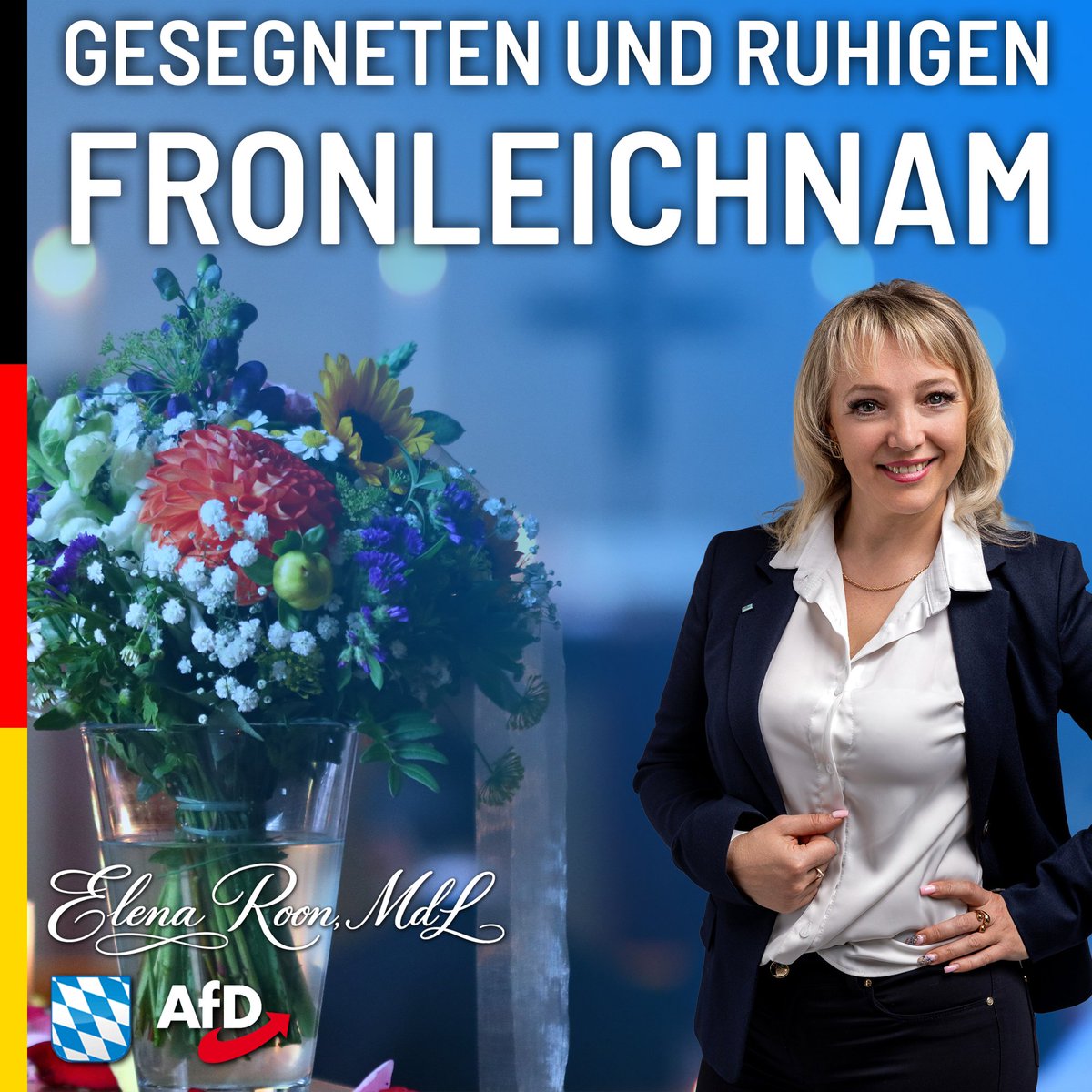 ElenaRoonAfD's tweet photo. 👉Heute ist #Fronleichnam.

👉Für viele Christen ist dieser Tag ein wichtiger Feiertag. Er steht für Glauben, Dankbarkeit und das gemeinsame Bekenntnis zu unseren christlichen Traditionen.

🇩🇪Gerade solche Traditionen sind wichtig, weil sie uns verbinden, Halt geben und ein Stück Heimat bewahren.

👉Wir wünschen allen, die heute feiern, einen schönen, friedlichen und gesegneten Feiertag. 🌿

#Feiertag