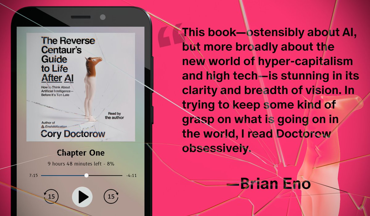 doctorow's tweet photo. IT'S THE LAST DAY to pre-order my next book, *The Reverse Centaur's Guide to Life After AI*, through my Kickstarter. Help me continue to prove that DRM-free isn't just the *right* way to reach an audience, it's also the *best* way to reach them:

https://t.co/gtLFE4lGZ9 https://t.co/EiV61uudon