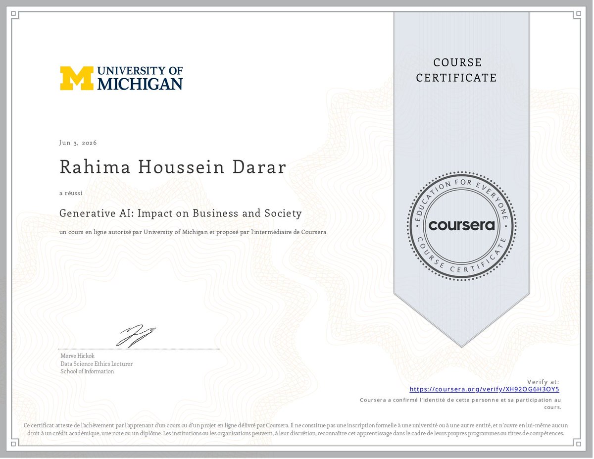 RAHMOU158's tweet photo. nouvelles certificat en Intelligence Artificielle Générative obtenues 
Une belle étape pour approfondir mes compétences en IA, Prompt Engineering et innovation numérique.
Merci à @adenidjibouti et au @PNUDDjibouti pour cette opportunité. 
#AI #GenerativeAI #DigitalSkills https://t.co/SnpvCyL4g5