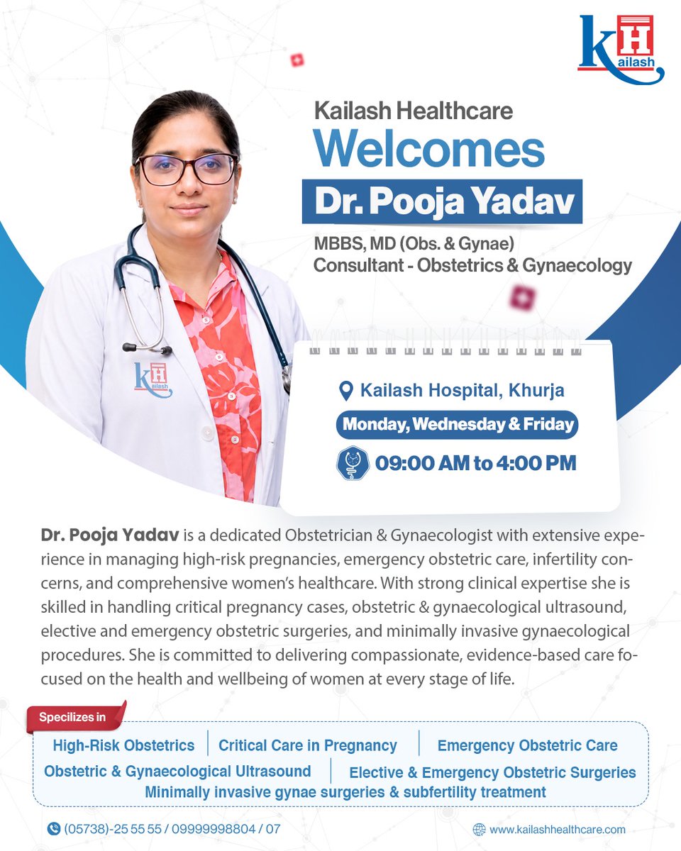 KailashHealth's tweet photo. #NewDoctoratKailash: Kailash Healthcare warmly welcomes Dr. Pooja Yadav (MBBS, MD) to Kailash Hospital, Khurja! As a Consultant- Obstetrics & Gynaecology, she specializes in high-risk pregnancies, emergency obstetric care, and comprehensive women's health.

Looking for expert Gynecological Care in Khurja? Book an appointment: https://t.co/tH6GkeNjDj
📞 Call: 05738-255555 / 09999998804

#WelcomeDoctor #WomensHealth #Gynaecologist #Healthcare #Khurja