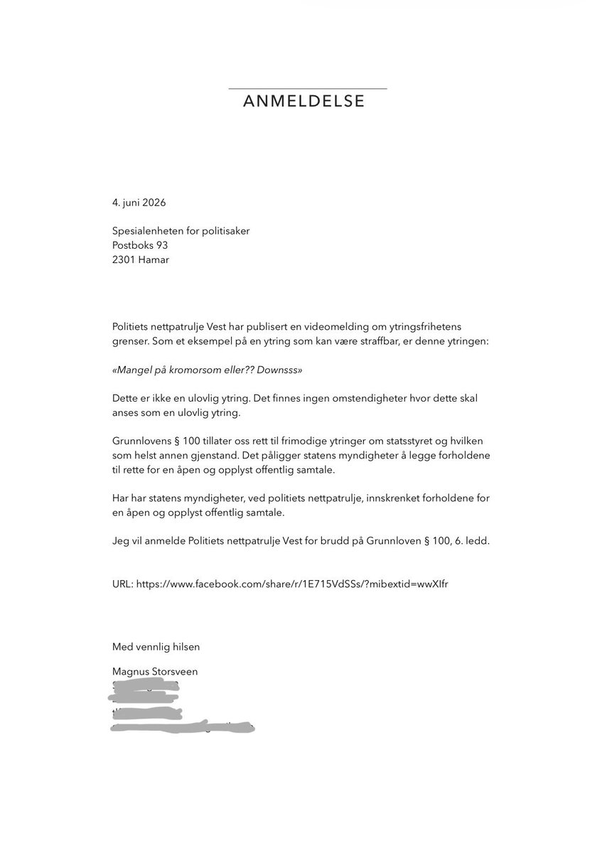 MagnusStors's tweet photo. Jeg har levert anmeldelse av Politiets nettpatrulje Vest til Spesialenheten for politisaker for brudd på Grunnloven § 100, 6. ledd. https://t.co/sOa7rpQK1l