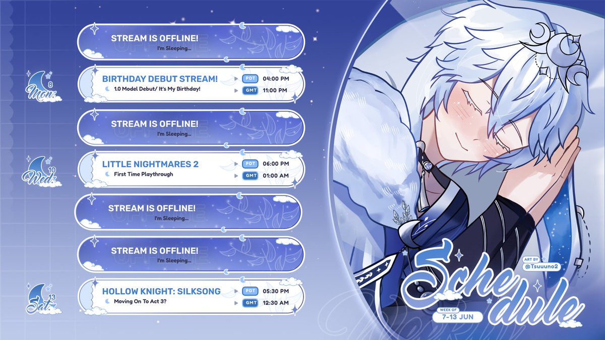 KorayNight's tweet photo. Stream Schedule For June 7-13... The days are passing a little too fast. Vtuber 1.0 Model Debut in 4 days, June 8th!

This new beautiful graphic was made by @shironeko_me! https://t.co/SvuDuyGHHS