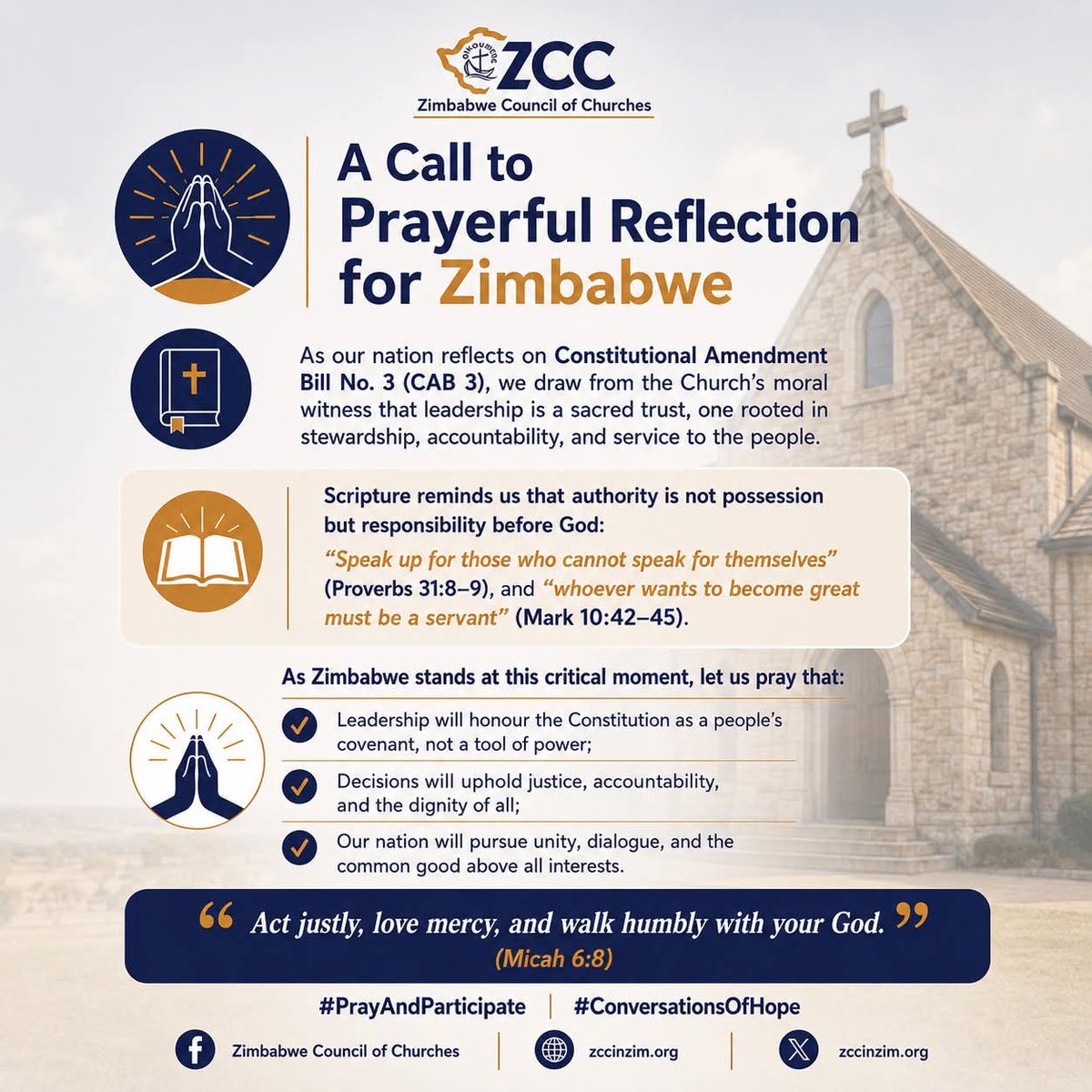 SoccomHwange's tweet photo. 📢 A Call to Prayer for Zimbabwe

Following Parliament's Second Reading of Constitutional Amendment Bill No. 3 (CAB 3) yesterday, the Zimbabwe Council of Churches calls upon all citizens, churches, and people of goodwill to pray for our nation. https://t.co/aDat3KdIsQ