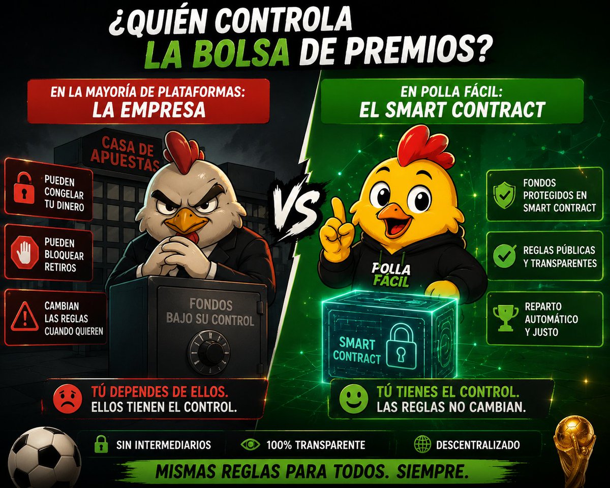 polla_facil's tweet photo. En una quiniela tradicional tienes que confiar en la plataforma

En Polla Fácil no

Los fondos permanecen bloqueados en el contrato inteligente hasta que finalice la competición

✅Seguro y transparente
✅Reparto automático
✅Nadie te puede bloquear ni banear
✅Sin intermediarios controlando la bolsa

Porque una quiniela debería decidirse en la cancha.
No en una oficina.

⚽🏆