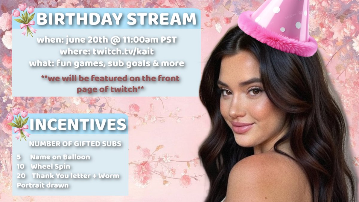 kaitarcher's tweet photo. come celebrate my birthday with me on june 20th! I will be on the front page of twitch playing community games with fun incentives and more!! hope to see you there 🩷🥳 https://t.co/RqheHuVmFz