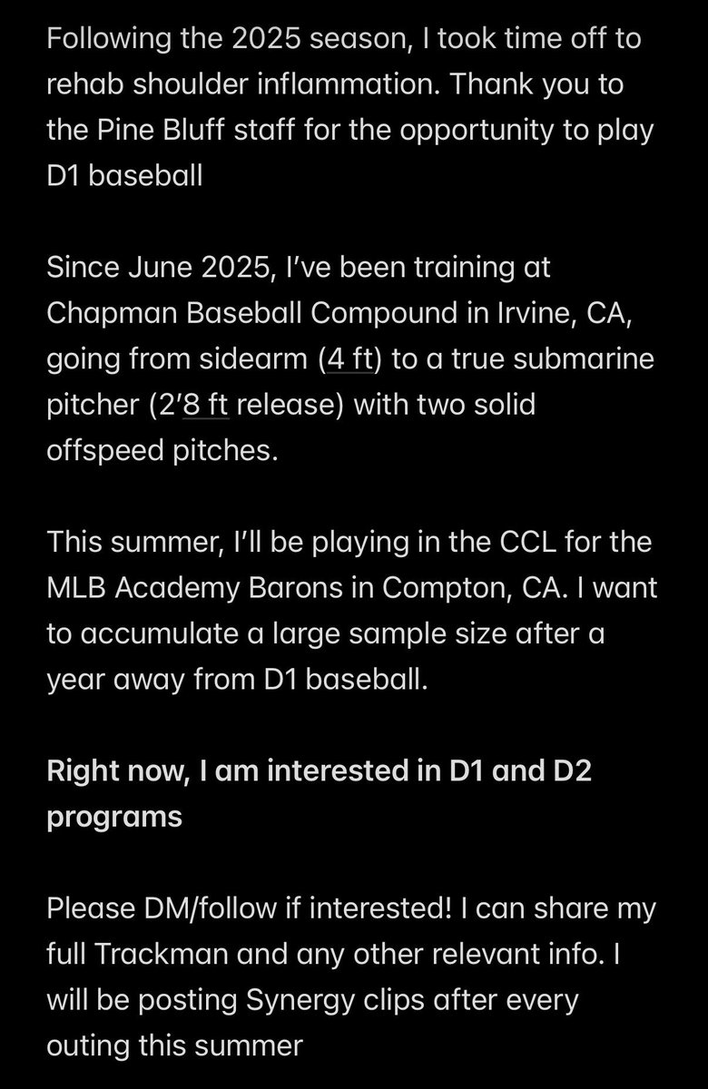 reeshdownunder_'s tweet photo. D1 Submarine RHP in Transfer Portal: Incoming Sr. | 1 Yr Eligibility

🏟️ 2025: Arkansas-Pine Bluff

☀️ Summer: @AcademyBarons (CCL)

Clips from command pen from today to get ready for wknd games.

2’8 Release HT

FB: 79-81 T82 
SL: 73-75 
Big SW: 65-68

Looking for D1/D2 programs https://t.co/PdYhOFfEDm