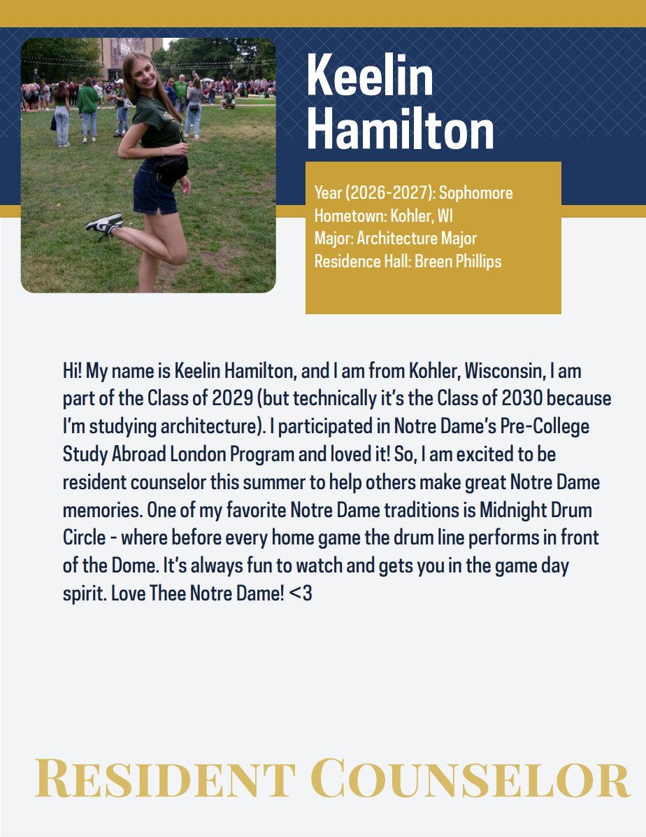 NDPreCollege's tweet photo. Our 2026 Resident Counselors are so excited to start Session I! Get to know a few of them ☘️ #ndprecollege #notredameprecollege #dosomethingextraordinary https://t.co/FzAH5lm6L3