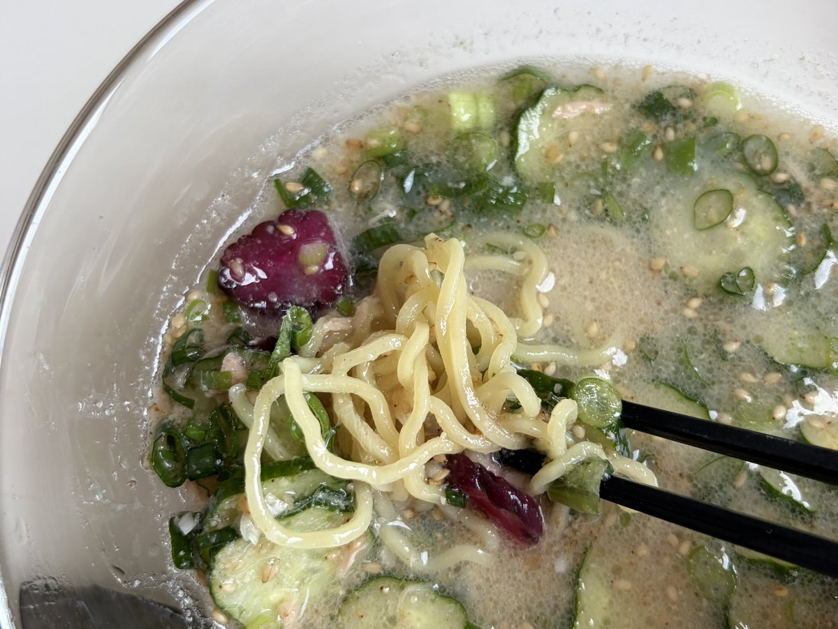 _____enaga's tweet photo. 暑い日に冷や汁つけ麺をつくりました。すりごまのコクを感じながらもさっぱりするする。柴漬けは塩味と食感がいい仕事をするのでマスト。 https://t.co/3CB33stLYS