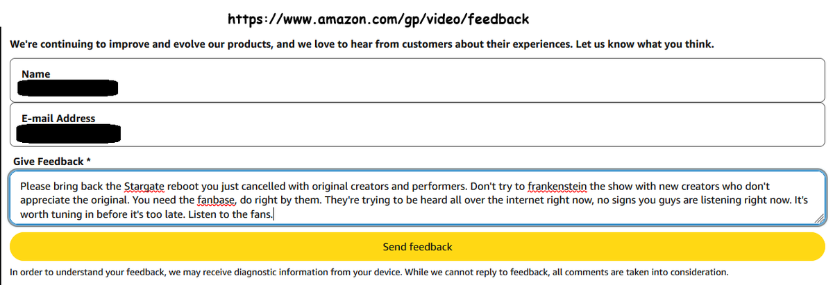 fortunzfavor's tweet photo. @MichaelShanks Don't just post on socials, use @amazon's actual feedback in the app, on the website, let them see you're a subscriber who wants genuine Stargate.
https://t.co/SQJNUDRl9i
https://t.co/PLS3zvSWsW
App: My Stuff>Settings>Help &amp; Feedback>Provide Feedback https://t.co/VWtN2z9VSm