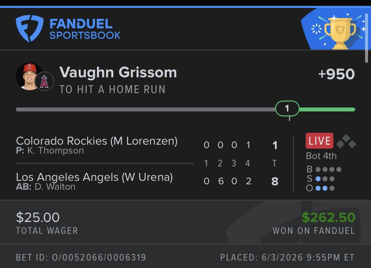 numbersideal's tweet photo. Vaughn Grissom live ✅💰

Homerun = 40, 32 | Grissom hits a HR on his 32nd career XBH, in his 40th game for LAA

#RepTheHalo #MLB #Gematria https://t.co/hJHgYDSTBj