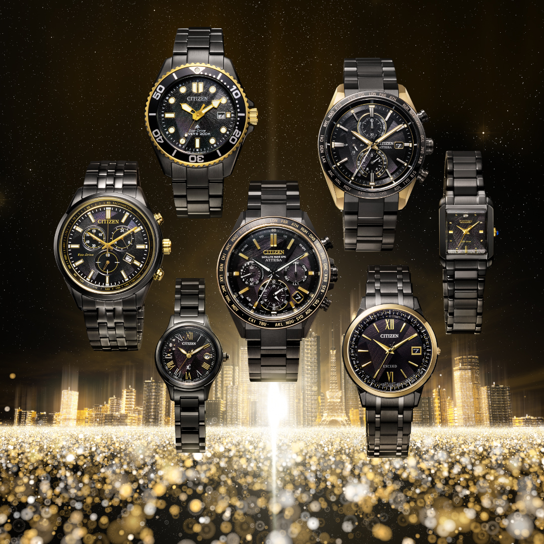 CITIZENWATCHJP's tweet photo. “光と時”をテーマに、「エコ・ドライブ」誕生50周年を記念した限定コレクション「LIGHT in BLACK」が本日発売✨ 

ブラックとゴールドのカラーリングは光で動き続ける「エコ・ドライブ」の力強さを表現。 
文字板は「50周年」にちなみ、角度が異なる5つのパターンを合わせたデザインです。 
光を受けて美しく輝きます。 

さらにASIAN KUNG-FU GENERATIONが、「LIGHT in BLACK」のために「Times」を書き下ろし！ 
 
限定モデルに合わせて、ぜひビジュアル、CMもご覧ください😊 

▼詳細はこちら 
https://t.co/eVv7yzNGOh