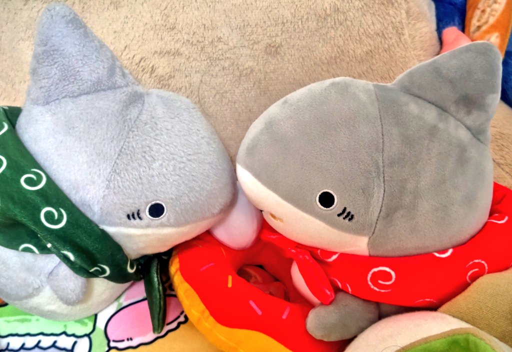 IDEAMASTER10's tweet photo. ドッペルゲンガー!!!　に驚くよりドーナツの分け合いが先な、子ザメズ…
平和だ…今日も…☺
#おでかけ子ザメ https://t.co/VywVHU7IEA
