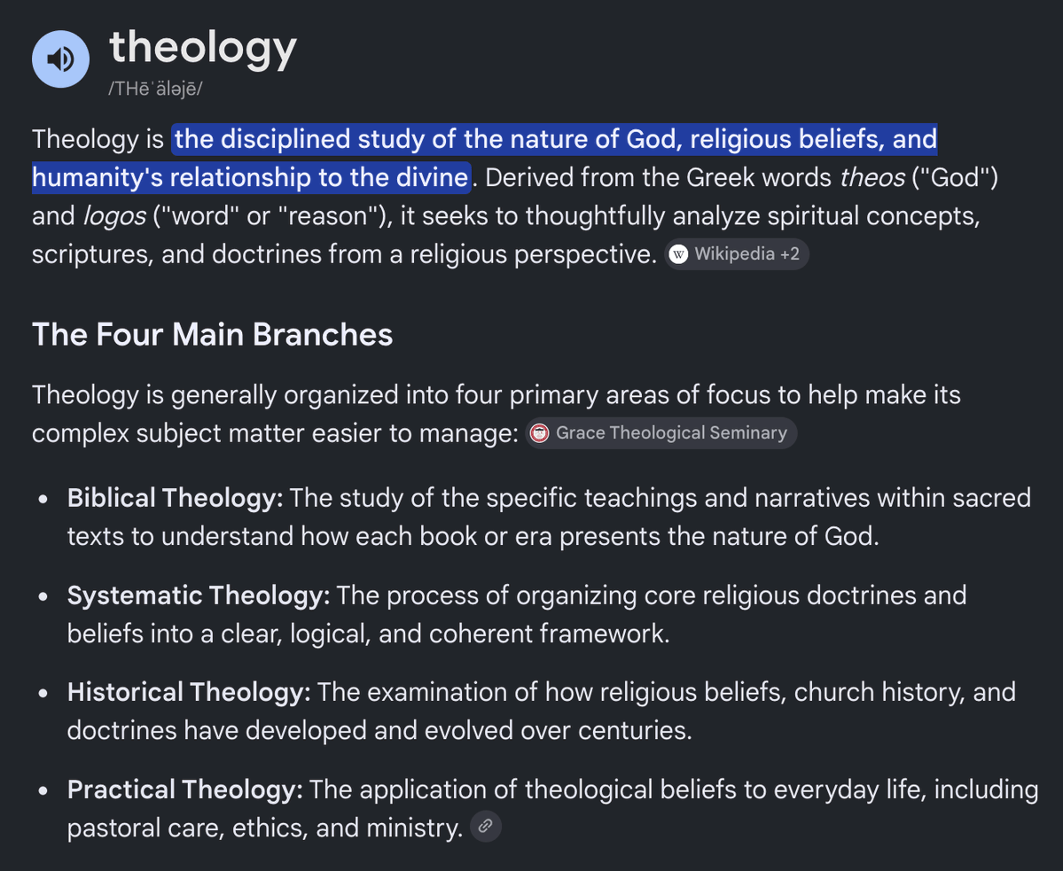 zeroruck's tweet photo. you're using a very one dimensional partial definition of theology. 

"the study of God... AND humanity's relationship to the divine."

relationship requires action and movement. you can't have a relationship via pure intellectual study.

this is the crux of Jesus' theology vs Jewish theology.

Jesus' way is holistic included the 4 branches shown here, vs the archaic Pharisee Jewish theology which was  rooted and revolved around pure intellectual discourse and knowledge

you equate both of these to the be same

The poster and I know that is incorrect. She was showing  Jesus' whole ethos was to highlight this difference and show people that theology was more than rote memorization and empty rituals. 

Theology is also a matter of the heart not just the mind. Because if your heart is clouded by ego, power, greed (we both agree the pharisees had bad hearts) then how is it possible for the eyes of the heart which read and study the World of God to not be corrupted? you can't be a smoker and expect to have clean breath.