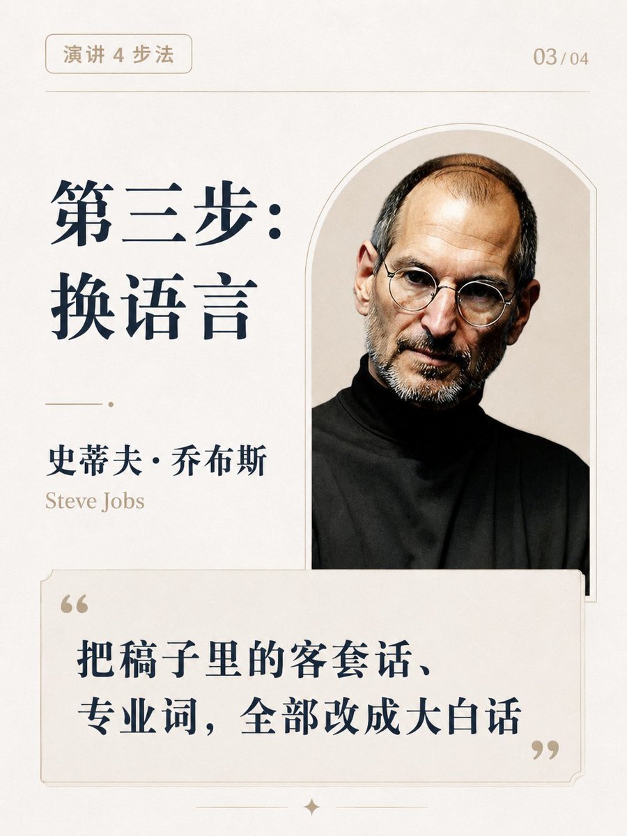 affLeopard's tweet photo. 把四位演讲大师的经验串起来，就是新手最好上手的"四步表达公式"！

零基础最大的问题，不是不会讲，而是不知道从哪儿下手。
其实不用从头摸索。把四位顶级高手的经验拼到一起，正好是一条新手能照着走的路。

第1步：定焦点
核心：一场演讲只讲清楚一个核心观点。

这是 TED 掌门人克里斯·安德森反复强调的"throughline"，一句话能说清的那根主线。
他曾说过：新手最大的问题就是希望讲东西太多，东西塞得太满，就等于什么都没讲透！

举个例子
你妈给你打电话，说了二十分钟。挂了之后你回想，她到底想说啥？菜价涨了、隔壁老王孙子考上大学了、你该多穿点、周末要不要回家吃饭……信息全有，你一个都没记住。

但如果她一上来就说："这周末回来吃饭，你爸想你了。"

你立马就记住了。
讲话也一样。先问自己一句：我讲完之后，我只想让对方记住哪一句话？
定不出这一句，就别开口。而且这一句话，最好不要超过15个字。

第2步：挑素材
核心：围绕这个观点，讲一个自己亲身经历的故事。

这是戴尔·卡耐基的看家本领。道理是别人的，故事是你的。一个亲历的故事，胜过十句正确的废话。

比如
同样是劝人别熬夜。
我说："熬夜伤身，影响代谢，加速衰老，你要注意。"对方左耳进右耳出。

你说："我去年连着熬了仨月夜赶项目，有天早上刷牙，一低头掉了一把头发，我对着镜子站了五分钟。从那天起我十一点必睡。"

哪句话你记得更牢？
道理谁都懂，故事才进心里。你不用编，翻翻自己真实踩过的坑就行。

第3步：换语言
核心：把稿子里的客套话、专业词，全改成大白话。

这是乔布斯的看家本领本事。他不说"这块屏幕采用了高像素密度显示技术"，他说"这块屏幕，像素密到你的肉眼根本看不见颗粒"。

比如：
你去看病，医生说："你这是上呼吸道感染伴随轻度炎症反应。"你一脸懵。
换个医生说："就是重感冒，嗓子发炎了，多喝水睡几天就好。"你立马踏实了。

PS：其实很多专业人士像医生、律师、会计做的都是这这些事儿，把专业术语翻译成普通人能懂得大白话。或者是拔出元的话，翻译为专业术语。

同一件事，第一种让你紧张，第二种让你安心。
写完稿子，自己念一遍，凡是平时跟朋友吃饭绝不会说的词，全删掉换成人话。

第4步：硬排练
核心：在台下逐字练，练到连哪里停顿都成了肌肉记忆。

这是温斯顿·丘吉尔的笨功夫。他那些听着像即兴的金句，背后是对着镜子一遍遍抠出来的。他年轻时甚至有口吃，全靠死磕练出来的。
他曾经说过，每一次即兴发言最多他会准备三个星期。平均在台上每一分钟，他都需要花费一个小时左的准备时间。

举个例子：
你学车的时候，第一次上路，手忙脚乱，眼睛盯着挡位，方向盘都打不利索。
可练到第三个月，你一边开车一边能跟副驾聊天、还能顺手调个空调。动作没变，变的是它进了你的身体，不用脑子想了。
讲话也是这个理。你以为台上大佬是天生淡定，其实是练到不用想了。
第一次张口磕巴很正常。练到第二十次，你的嘴会比脑子先反应过来。

最后
把这四步连起来看：
定焦点，是想清楚讲什么。
挑素材，是用故事撑住它。
换语言，是让人听得懂。
硬排练，是让你台上不慌。

一个想清楚、一个故事、一句人话、一遍遍练。
新手不用一上来就追求口才，先把这四步走完一轮，你已经超过台下八成的人了。