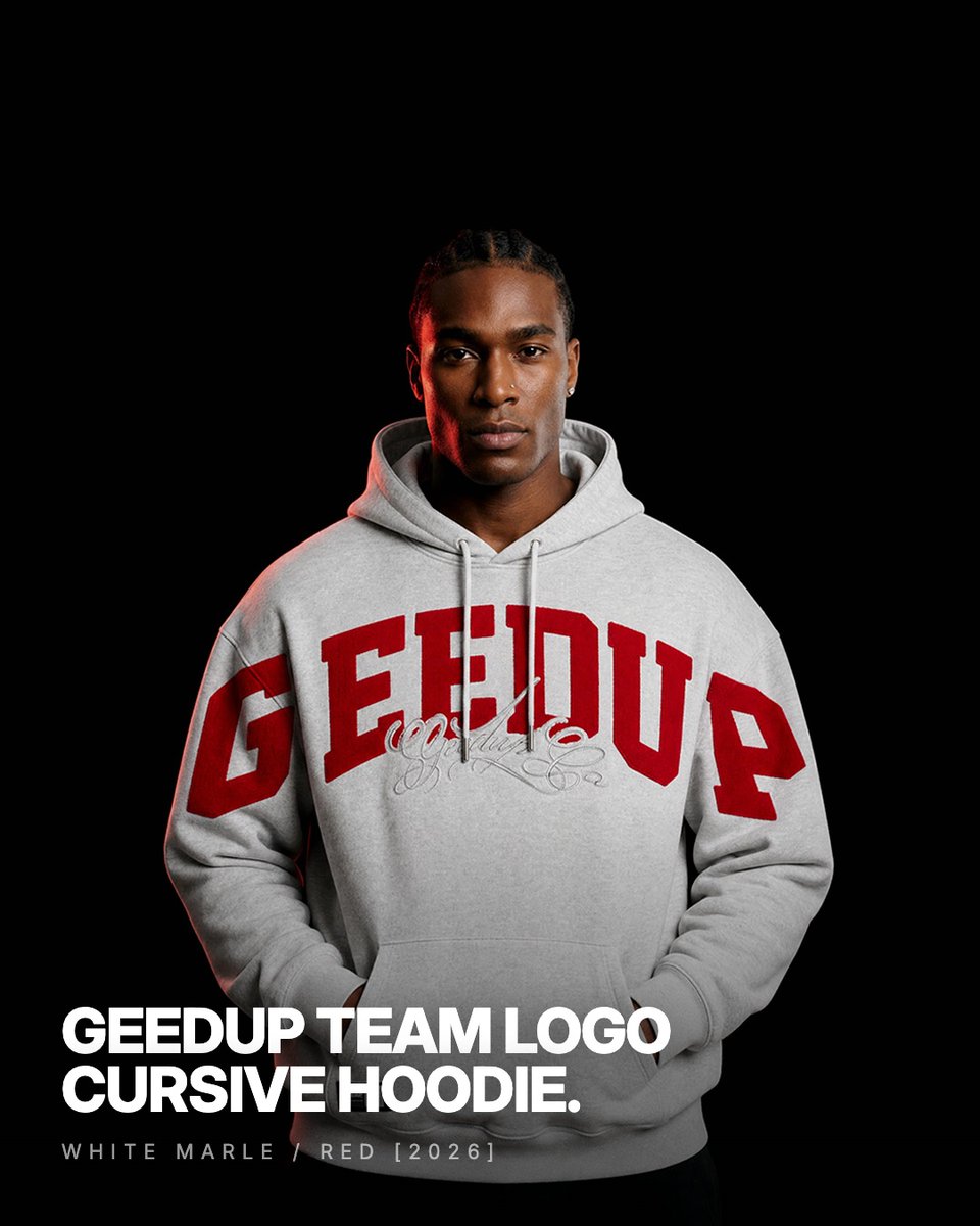 PUSHASOfficial's tweet photo. The hoodie that built Australian streetwear just got better. 

White Marle. Red felt. Tonal cursive underneath. 

Geedup Team Logo Cursive Hoodie 'White Marle / Red' (2026)

Shop now at https://t.co/53SfDpYWeR

PUSHAS | Sneakers, Streetwear &amp; Collectibles https://t.co/fl9ElKhPXv