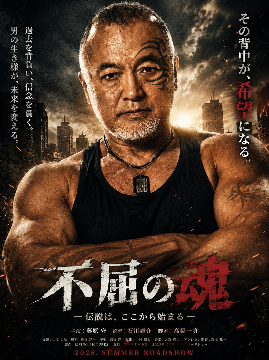 guard_sp's tweet photo. 先日、チャッピーに
「映画のポスター作って」
と頼んだら…🤣
なぜかモロ昭和の映画ポスターが完成しました(笑)
しかもタイトルが
『不屈の魂』
😂😂😂
AIの中では私はどんな人間なんでしょうか… #不屈の魂 #チャッピー #AI #63歳 #ハンマーコング https://t.co/AikOZur17A