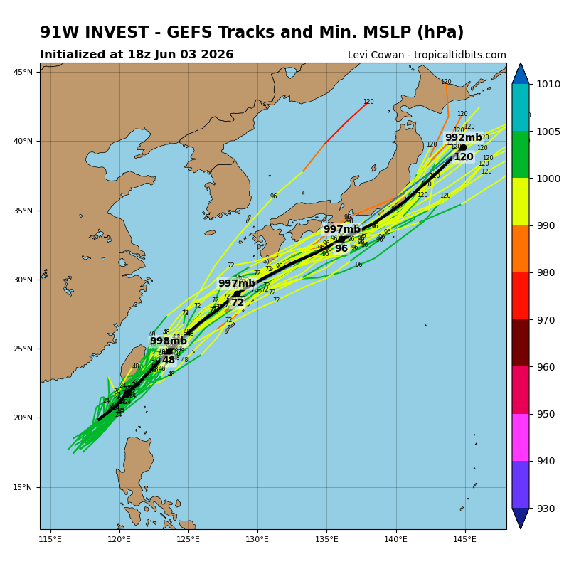 STY1330's tweet photo. 気象庁はすでに南シナ海で熱帯低気圧としているが、海外でも熱帯じょう乱91Wとして解析され始めた

欧米のアンサンブルメンバーを比較してみる

左　ヨーロッパ中期予報センター
右　アメリカ海洋大気庁

どちらも同じような感じで南西諸島付近からは台風6号とよく似たコースが予測されている

今のところそこまで強まる予測ではないが、梅雨前線とのコラボの仕方によっては記録的な豪雨を降らせてもおかしくないコースと季節になる

※　出典　tropicaltidbits