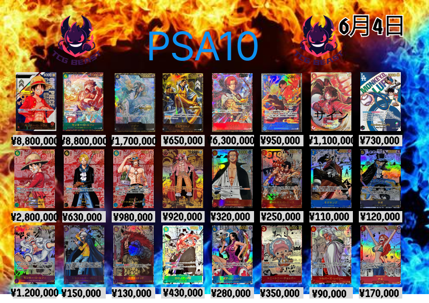 TCGShop_BEAST's tweet photo. ６月４日ワンピースPSA10買取表になります😃
画像外も買取しますので是非お持ち込みください💁
（ST01-001）モンキー・Ｄ・ルフィ（ＰＳＡ１0）￥8,800,000
（OP13-118）モンキー・Ｄ・ルフィ（ＰＳＡ１0）￥8,800,000
（OP02-096）クザン（ＰＳＡ１0）￥1,700,000
（OP02-114）ボルサリーノ（PSA10）￥650,000
（OP09-004）シャンクス（PSA10））￥6,300,000
（ＯＰ13-119）ポートガス・D・エース（PSA10）￥950,000
（ST01-012）モンキー・Ｄ・ルフィ（ＰＳＡ１0）サイン￥1,100,000
（EB02-010）モンキー・Ｄ・ルフィ（ＰＳＡ１0）（英語版）ドジャース￥730,000
（OP13-118）モンキー・Ｄ・ルフィ（ＰＳＡ１0）（レッドパラレル）￥2,800,000
（OP13-120）サボ（PSA10）レッドパラレル￥630,000
（OP13-119）ポートガス・D・エース（PSA10）レッドパラレル￥980,000
（OP09-118）ゴール・D・ロジャー（PSA10）パラレル金色￥920,000
（OP01-120）シャンクス（PSA10）￥320,000
（OP02-013）ポートガス・D・エース（PSA10）￥250,000
（OP03-112）そげキング（PSA10）￥110,000
（OP04-083）サボ（ＰＳＡ１0）￥120,000
（OP05-119）モンキー・Ｄ・ルフィ（ＰＳＡ１0）￥1,200,000
（OP05-069）トラファルガー・ロー（PSA10）￥150,000
（OP05-074）ユースタス・キッド（PSA10）￥130,000
（OP06-118）ロロノア・ゾロ（PSA10）￥430,000
（OP07-051）ボア・ハンコック（PSA10）￥280,000
（EB01-006）トニートニー・チョッパー（PSA10）￥350,000
（OP08-118）シルバーズ・レイリー（PSA10）￥90,000
（OP01-016）ナミ（PSA10）￥170,000

（OP09-119）モンキー・Ｄ・ルフィ（ＰＳＡ１0）￥360,000
（OP09-004）シャンクス（PSA10）￥210,000
（OP09-004）（OP13）シャンクス（PSA10）金￥210,000
（OP09-004）（OP13）シャンクス（PSA10）銀￥120,000
（OP09-051）バギー（PSA10）￥150,000
（OP09-051）（OP14）バギー（PSA10）金￥370,000
（OP09-051）（OP14）バギー（PSA10）銀￥160,000
（OP09-093）マーシャル・D・ティーチ(PSA10)￥250,000
（OP09-093）（OP12）マーシャル・D・ティーチ(PSA10)金￥390,000
（OP09-093）（OP12）マーシャル・D・ティーチ(PSA10)銀￥260,000
（OP10-119）トラファルガー・ロー（PSA10）￥120,000
（EB02-061）モンキー・Ｄ・ルフィ（ＰＳＡ１0）￥740,000
（OP11-118）モンキー・Ｄ・ルフィ（ＰＳＡ１0）￥210,000
（OP12-118）ジュエリー・ボニー（ＰＳＡ１0）￥125,000
（OP06-119）サンジ（ＰＳＡ１0）￥190,000
（OP13-118）モンキー・Ｄ・ルフィ（ＰＳＡ１0）￥410,000
（OP13-119）ポートガス・D・エース（PSA10）￥210,000
（OP13-120）サボ（ＰＳＡ１0）￥140,000
（EB03-061）ウタ（ＰＳＡ１0）￥180,000
（OP14-119）ジュラキュール・ミホーク（ＰＳＡ１0）￥150,000
（EB04-044）コビー（ＰＳＡ１0）￥130,000
（OP15-118）エネル（ＰＳＡ１0）￥210,000
（OP05-119）（OP11）モンキー・Ｄ・ルフィ（ＰＳＡ１0）金￥2,000,000
（OP05-119）（OP11）モンキー・Ｄ・ルフィ（ＰＳＡ１0）銀￥980,000
￥
（EB04-061）モンキー・Ｄ・ルフィ（PSA10）シリアル￥2,6000,000
（OP07-109）モンキー・Ｄ・ルフィ（ＰＳＡ１0）シリアル￥1,900,000
（OP08-106）ナミ（ＰＳＡ１0）シリアル￥2,800,000
（OP12-020）ロロノア・ゾロ（PSA10）シリアル￥1,150,000
（ST10-006）モンキー・Ｄ・ルフィ（ＰＳＡ１0）￥2,000,000
（P-112）ナミ（ＰＳＡ１0）ASIAロゴ￥820,000
（OP14-112）ボア・ハンコック（PSA10）￥2,300,000
（OP14-120）クロコダイル（ＰＳＡ１0）￥800,000
（ST01-007）ナミ（ＰＳＡ１0）金コンパス￥310,000
（ST17-004）ボア・ハンコック（PSA10）金コンパス￥430,000
（ST16-001）ウタ（PSA10）金コンパス￥150,000
（OP08-105）ジュエリー・ボニー（ＰＳＡ１0）金コンパス￥190,000
（ST13-015）モンキー・Ｄ・ルフィ（ＰＳＡ１0）金コンパス￥95,000
（OP02-013）ポートガス・D・エース（PSA10）金コンパス￥55,000
（OP04-083）サボ（PSA10）金コンパス￥23,000
（OP06-118）ロロノア・ゾロ（PSA10）金コンパス￥45,000
（OP05-119）モンキー・Ｄ・ルフィ（ＰＳＡ１0）手配書￥85,000
（OP09-004）シャンクス（PSA10）手配書￥32,000
（OP09-093）マーシャル・D・ティーチ(PSA10)手配書￥22,000
（OP09-051）バギー（PSA10）手配書￥22,000
（OP13-118）モンキー・Ｄ・ルフィ（ＰＳＡ１0）手配書￥40,000
（OP13-119）ポートガス・D・エース（PSA10）手配書￥25,000
（OP13-120）サボ（PSA10）手配書￥22,000
（OP09-118）ゴール・D・ロジャー（PSA10）手配書￥30,000

（OP09-078）ゴムゴムの巨人（PSA10）￥90,000
（OP11-080）ギア2（PSA10）￥78,000
（OP12-037）鬼気九刀流阿修羅抜剣亡者戯（PSA10）￥40,000
（OP14-118）わらわこわい（PSA10）￥85,000
（OP09-096）おれの時代だア！！！（PSA10）￥23,000
（OP09-057）クロスギルド（PSA10）￥30,000
（OP09-020）来い…！！！おれ達が相手をしてやる！！！（PSA10）￥38,000
（OP14-114）ゴムゴムの火拳銃（PSA10）￥14,000
（EB03-026）ボア・ハンコック（PSA10）￥250,000
（EB03-053）ナミ（PSA10）￥130,000
（EB03-055）ニコ・ロビン（PSA10）￥120,000
（EB03-024）ネフェルタリ・ビビ（PSA10）￥70,000
（EB03-031）ヴィンスモーク・レイジュ（PSA10）￥50,000
（EB03-045）ペローナ（PSA10）￥60,000
（EB03-003）ウタ（PSA10）￥65,000
（EB03-042）コアラ（PSA10）￥40,000
（ST26-005）モンキー・Ｄ・ルフィ（ＰＳＡ１0）￥150,000
（OP12-014）ボア・ハンコック（PSA10）￥140,000
（P-105）サボ（PSA10）￥35,000
（OP13-031）トラファルガー・ロー（PSA10）￥85,000
（EB02-052）エネル（PSA10）￥85,000
（OP13-042）エドワード・ニューゲート（PSA10）￥33,000
（PRB02-006）ロロノア・ゾロ（PSA10）￥180,000
（OP11-106）ゼウス（PSA10）￥135,000
＃買取　＃ポケモンカード　＃ワンピースカード        
＃未開封BOX　＃未開封パック        
＃PSA10 ＃TCGBEAST 　＃日本橋オタロード
