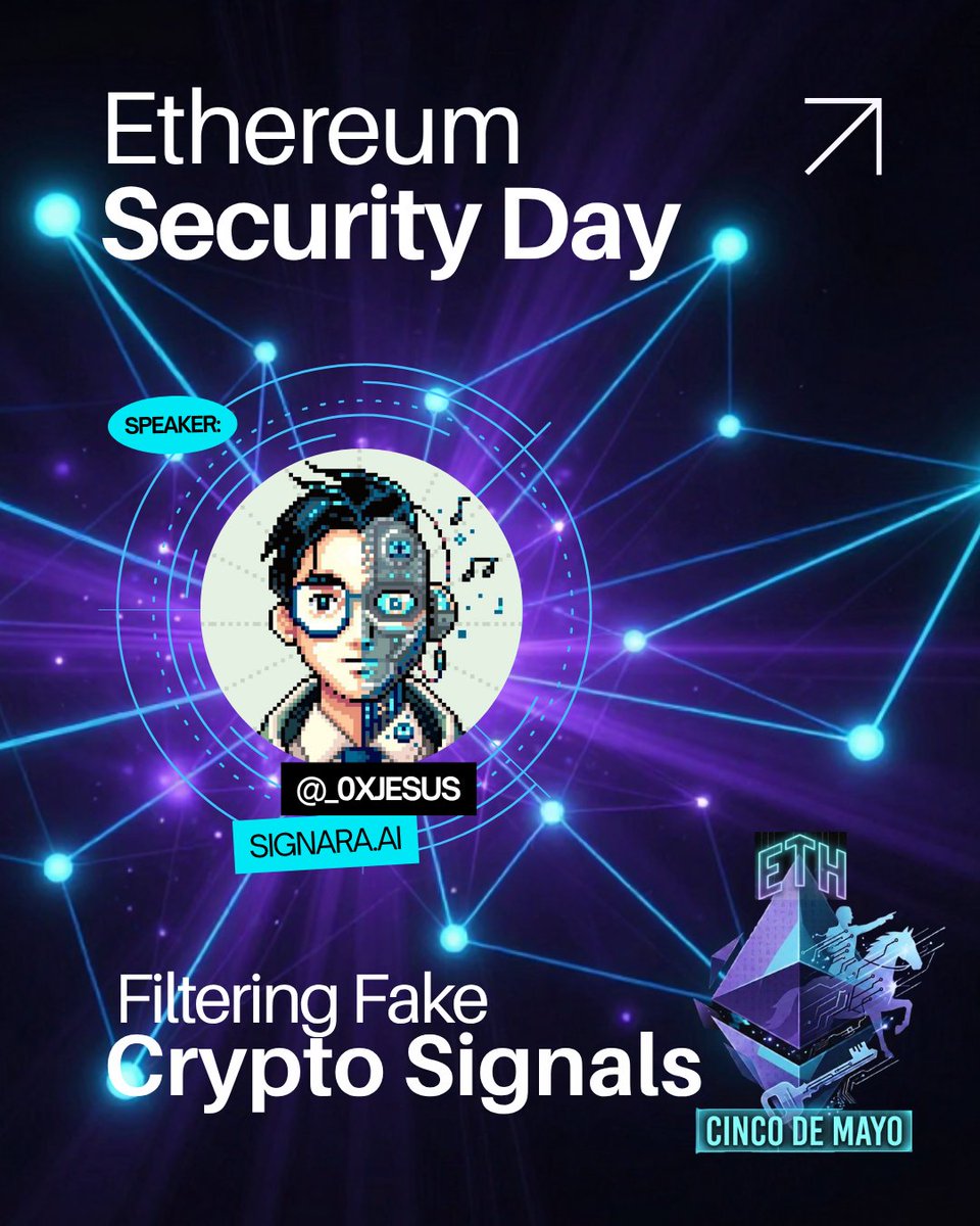 ETHCincoDeMayo's tweet photo. 🎤 @_0xjesus | Founder https://t.co/drmK26b64M
"Filtering Fake Crypto Signals"

How do you separate signal from noise?
Discover how AI can analyze multi-chain data, detect misinformation, and help you make decisions based on trustworthy insights.

🛡️ Ethereum Security Day. June 6. Puebla