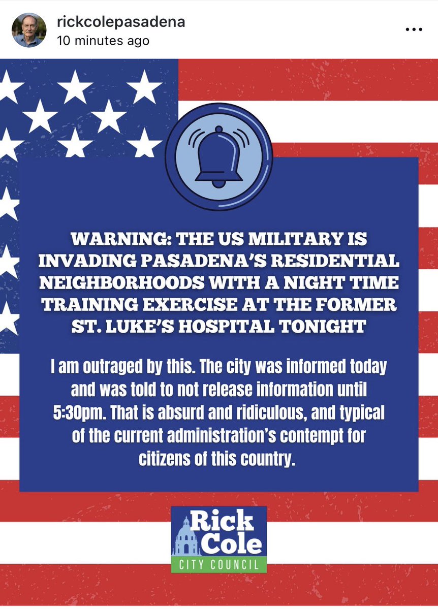 ericofaro's tweet photo. Why is the US military conducting training exercises tonight in Pasadena, and only informed the city TODAY!?

And @PasadenaGov was told not to inform its residents until 5:30pm? 

Thanks to councilmember Rick Cole for saying something! https://t.co/gK7pxCPFZH