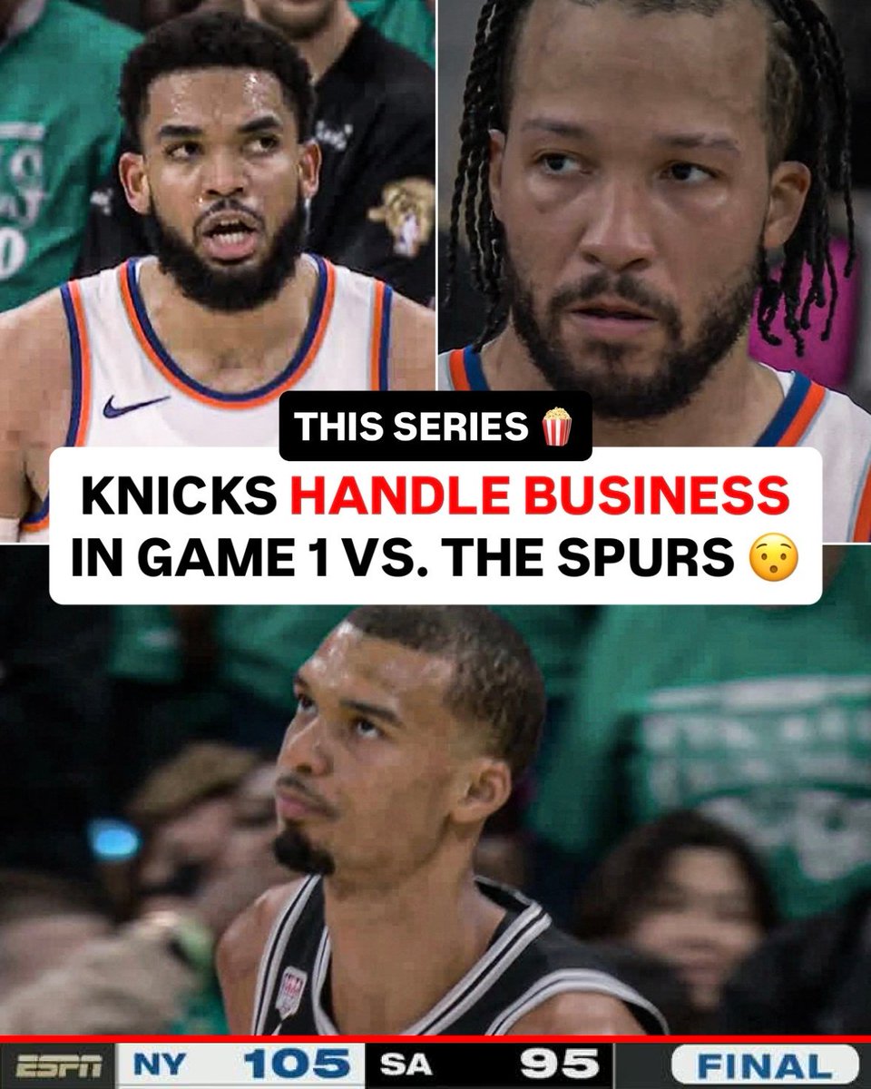 SportsCenter's tweet photo. JALEN BRUNSON CAPTAIN CLUTCH. NEW YORK STRIKES FIRST IN THE NBA FINALS 🗽

THE KNICKS TAKE GAME 1 IN SAN ANTONIO🍿 https://t.co/LKomlCb29T