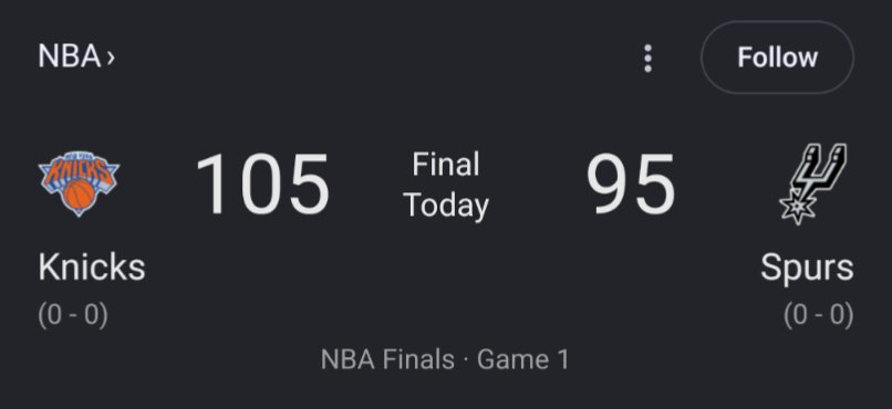 OnlyRealLeft's tweet photo. Alright, I officially confirm it: the Knicks are 100% legit. 

If they were playing OKC, it’d probably be a different story. The Spurs were just a nightmare matchup for the Thunder-the only team in the league that could truly challenge them. But in Game 1, it felt like midnight struck on San Antonio’s Cinderella run. They didn’t look dominant at all, dropping a close one at home. No real takeover-just a battle between two even teams.

Right now, it feels like anybody’s series. But after tonight, I might have to lean toward New York taking it all.🤷🏾‍♂️