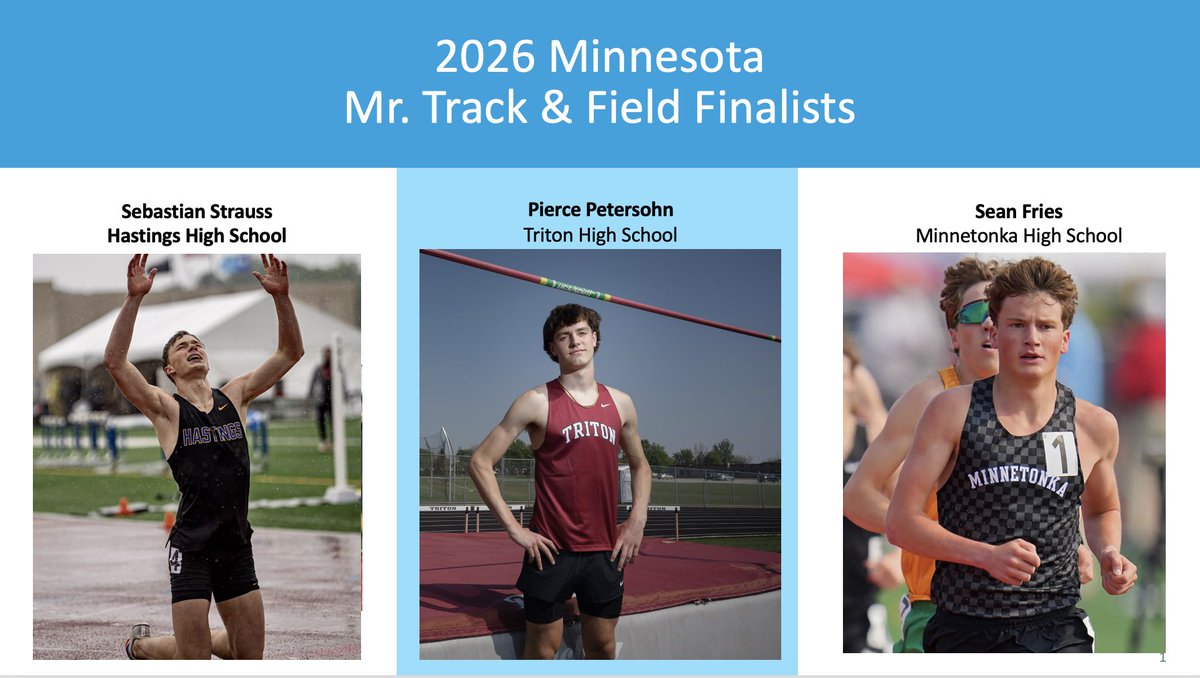 MNTFCA's tweet photo. The finalist for 2026 Minnesota Mr. Track and Field!  They are Sebastian Strauss (Hastings),Pierce Peterson (Triton), Sean Fries (Minnetonka). The winner will be announced following the conclusion of the MSHSL state meet. Congrats boys! https://t.co/5KFdv4hUoU