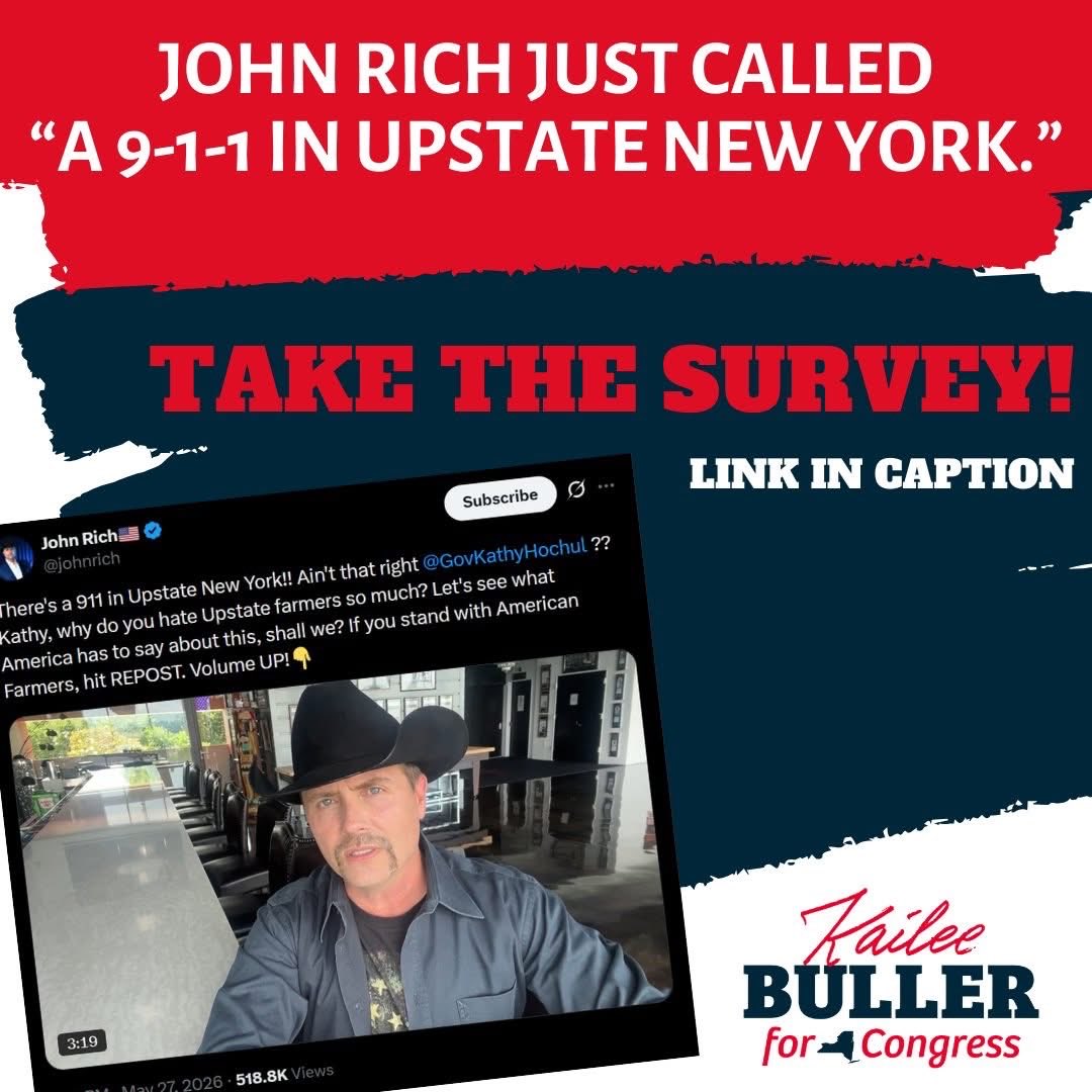 BullerforNY's tweet photo. @johnrich sounded the alarm. Now Central New York needs to answer.

He called it “a 9-1-1 in upstate New York" and he’s right.

Albany is trying to force massive wind and solar projects onto Central New York farmland, steamrolling farmers, families, and local communities that have already said no.

Kailee Buller is standing with our farmers, our farmland, and our rural communities.

Now we want to hear from you:

Should Albany be able to force these projects onto Central New York farmland over local opposition?

Take the survey and share this with a friend who needs to see what is happening.

👉https://t.co/I6LuNIXGAS

Central New York does not back down.