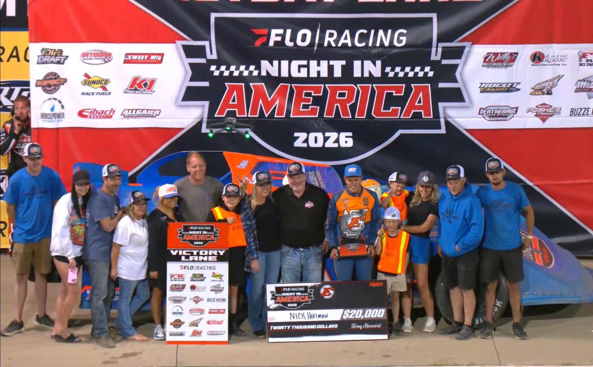 DirtRacingNet's tweet photo. Tonight the “Thrill From Mooresville” Nick Hoffman goes from 4th to the lead at Eldora Speedway victory lane as he score his first career FloRacing Night In America Tour winning $20,000 on the night. https://t.co/Cuh6BMs6SC