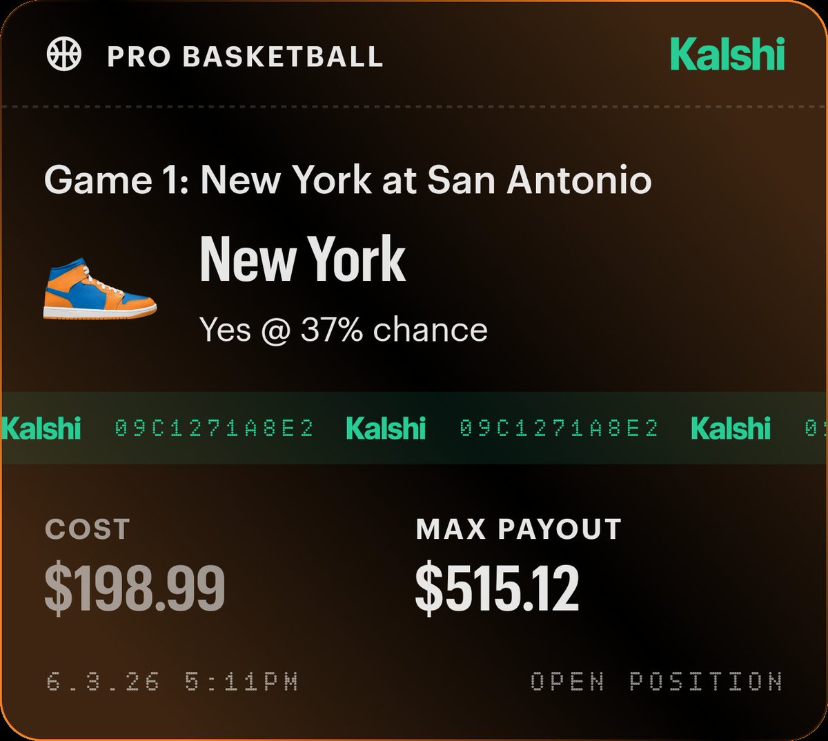 Samcryptojourny's tweet photo. Hey! I just made a prediction on Kalshi. Think you'd call it differently? Try it here: https://t.co/jvjZ2WkTVg https://t.co/M6v621Ep3l