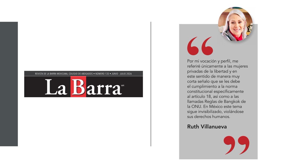 RuthVillanuevaC's tweet photo. Con gusto comparto mi colaboración publicada en “La Barra”, Revista de la @BMA_Abogados, un espacio de análisis académico y divulgación jurídica.

Junto con destacadas profesionistas, reflexionamos sobre una pregunta fundamental: ¿Qué le debe el Derecho a las mujeres de México? Un tema que invita al diálogo y a la construcción de una sociedad más justa e igualitaria.

📌 Disponible en: https://t.co/tadWgn7ZK5
