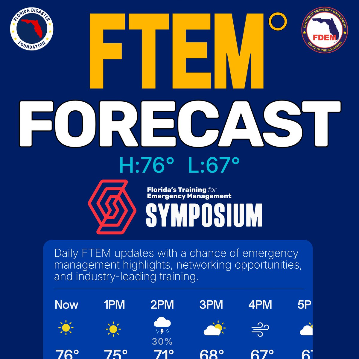 FLSERT's tweet photo. 🌤️ FTEM FORECAST: DAY 4 🌤️

Day four of the Third Annual Florida’s Training for Emergency Management (FTEM) Symposium brings an especially packed schedule—with insightful sessions, networking opportunities, and an extra special event to recognize Florida's Excellence in Action.

Today’s #FTEM2026 forecast predicts:
🌦️ Local News & Meteorology Communications Summit (8:30 AM- 12:00 PM)
🏆 FTEM Awards Gala (6:00 PM - 9:00 PM)
🎰 All-In for Emergency Management Evening Reception (9:00 PM – 11:00 PM)
🚨 The First Annual Florida Disaster Foundation Silent Auction closes tomorrow!

Director’s Digest:
🌟 When the World Descends (1:30 PM - 4:30 PM) led by Executive Director @KevinGuthrieFL 

Make the most of this final full day—take advantage of every opportunity for training, coordination, and connection!