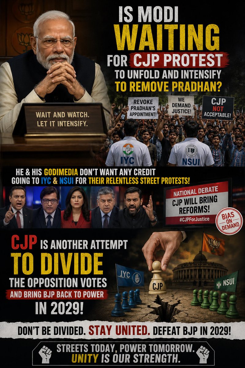 AbyChackoNgp's tweet photo. Wait to see unprecedented (under Modi regime) coverage for CJP protests and then tell me CJP is genuine & organic!
Initially I thought it as a genuine reaction on Social Media but the way it’s going now; with tactic support from the establishment &full coverage by ModiMedia makes me doubt the very intentions of this movement. 
It can’t be organic nor to help the opposition voice rather to divide the opposition votes! 
The media that has ignored the nationwide  @nsui & @IYC  street protests so far demanding justice for the students and resignation of @dpradhanbjp were in full attendance at the first presser of CJP, and the coverage it gave to them is really unprecedented & reminds me of India Against Corruption on whose shoulders Modi rode to power in 2014.

Beware of the wolfs in sheepskin & the ModiMedia narrative! 
The only national alternative for BJP is INC, the rest all are there to help BJP! 
#ModiMedia #GodiMedia