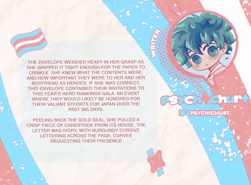 transbkdkbkzine's tweet photo. 🏳️‍⚧️ ˗ˏˋ CONTRIBUTOR PREVIEW!  ´ˎ˗ 🏳️‍⚧️

It's time to get all dolled up for the hero gala with this fic by @PsychicHurt!

Make sure you join us in Sparks, available on June 6th!🩵🩷🤍 https://t.co/RZq9VHvHpO