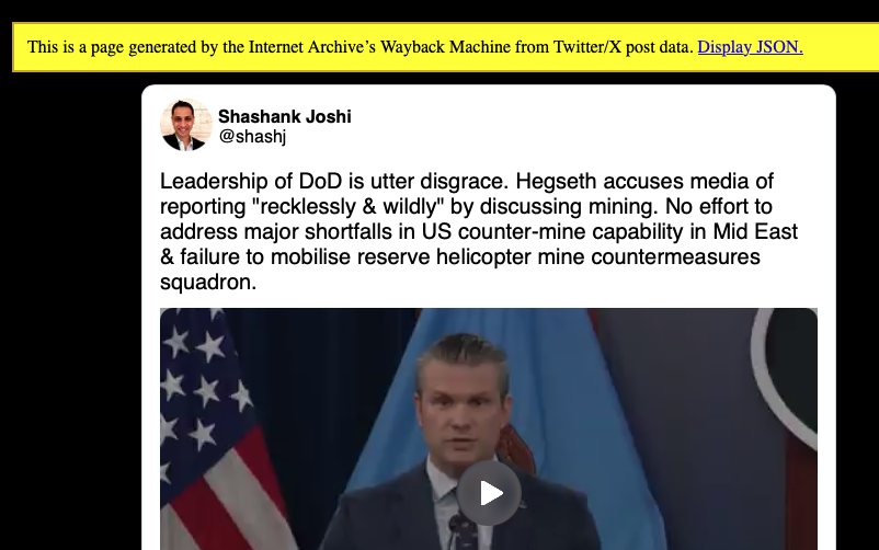 DataRepublican's tweet photo. Joshi deleted Tweets, but I found them in Wayback machine. He called the leadership of the Department of Defense an "utter disgrace." He said JD Vance "doesn't have the slightest clue." https://t.co/qjvWB2hwKo