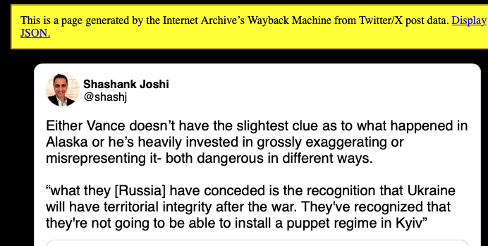 DataRepublican's tweet photo. Joshi deleted Tweets, but I found them in Wayback machine. He called the leadership of the Department of Defense an "utter disgrace." He said JD Vance "doesn't have the slightest clue." https://t.co/qjvWB2hwKo